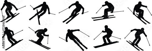 Winter skiing silhouette vector illustration set showing athletes in action poses, extreme sports activity, downhill snow skiing, outdoor adventure design