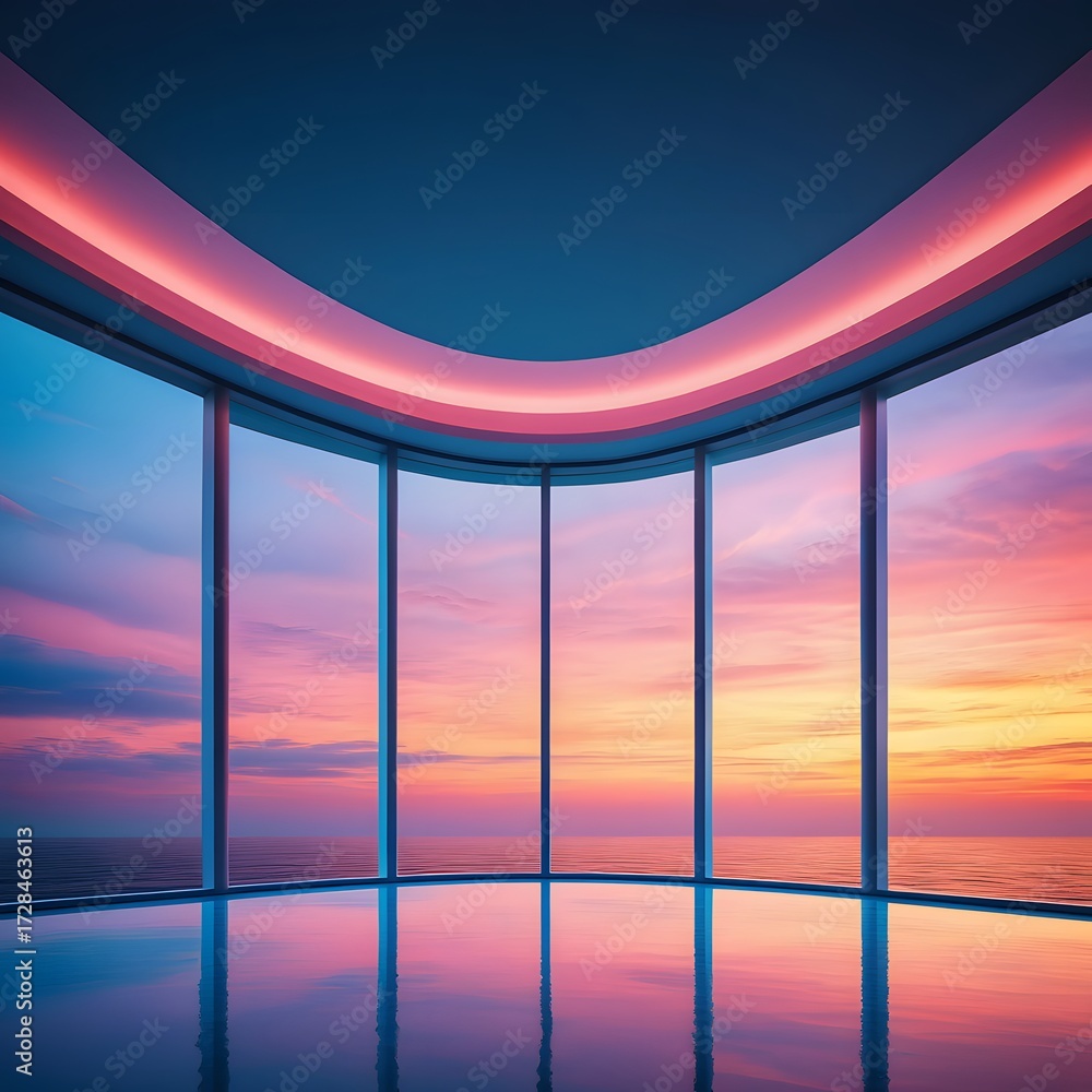 Obraz premium Ocean view from modern room with pink and blue sunset reflection on the floor space