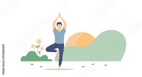 A minimalist flat illustration of a man practicing the yoga tree pose outdoors in a serene landscape, symbolizing balance, wellness, and harmony