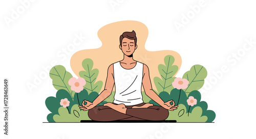 Man meditating in lotus position outdoors surrounded by nature and blooming flowers, promoting mindfulness and inner peace for a healthy lifestyle