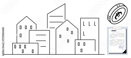 Array of urban building outlines, digital currency coin, and signed contract document. Ideal for real estate, fintech, investment, legal matters, urbanization, property deals financial agreements