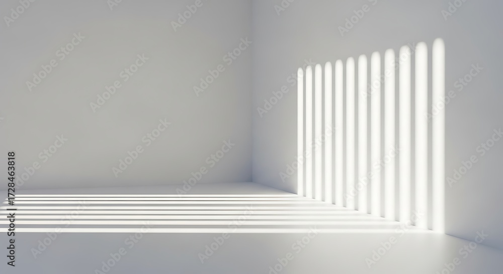 Fototapeta premium Minimalist interior room with stark white walls and floor, illuminated by strong vertical light patterns