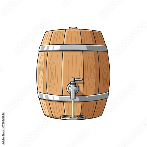 Cartoon illustration of a wooden barrel with a tap dispensing liquid, isolated on a white background.