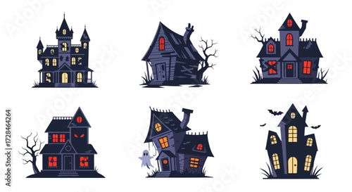 Collection of six cartoon haunted houses with glowing windows.