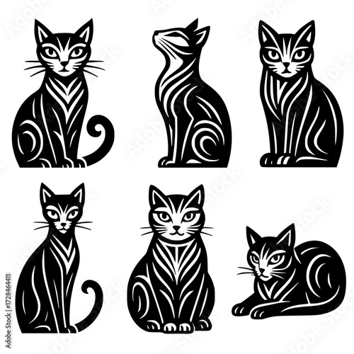 Set of six black and white cats in various poses