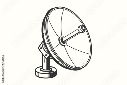 Black and white satellite dish points upward, standing on a simple base design