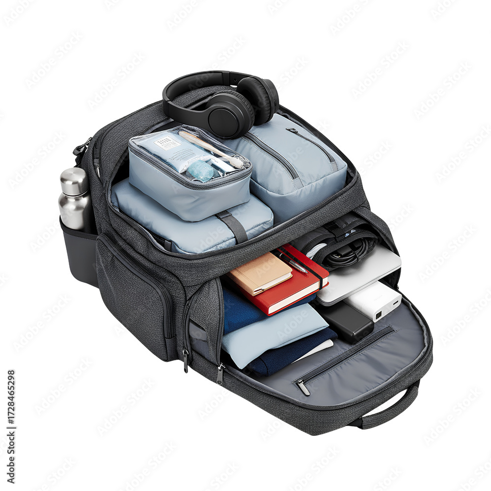 Fototapeta premium Open travel backpack showing packed essentials, transparent background