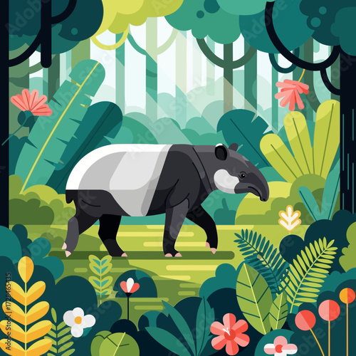 A stylized illustration of a tapir in a lush, green jungle environment with various plants and flowers.