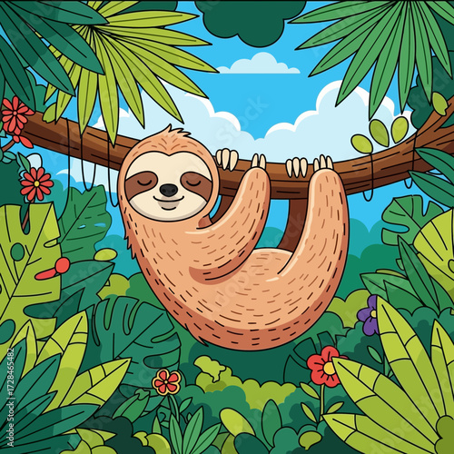 Cute cartoon sloth happily hanging upside down from a tree branch in a vibrant green jungle with tropical plants and flowers.
