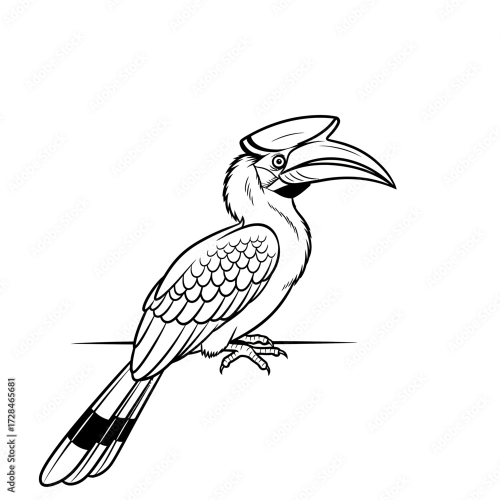 Fototapeta premium A detailed black and white illustration of a hornbill bird perched on a horizontal line.