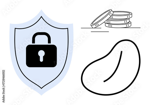 Shield with padlock symbolizing security, stacked coins for financial stability, and abstract seed signifying growth. Ideal for finance, protection, savings, investment, digital security, risk