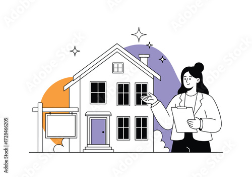 A person showcasing a house for sale with a sign in the front yard.