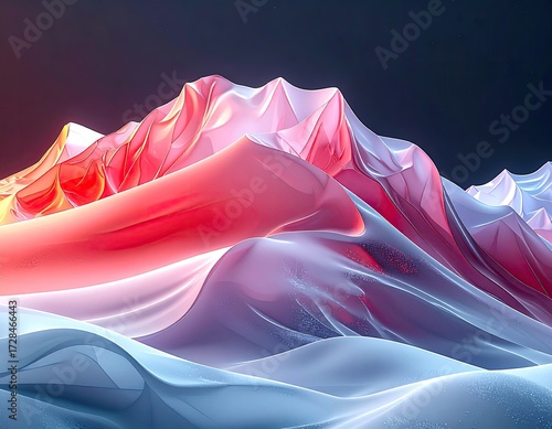 Abstract, luminous mountain range;  flowing, translucent, pastel hues of red, pink, and blue, rendered in a smooth, fabric-like texture against a dark background
