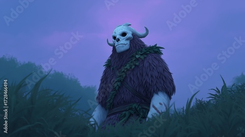 A dramatic, low-key render of a large, monstrous figure with a white skull-mask and horns. The creature stands in tall, dark grass under a moody purple twilight sky