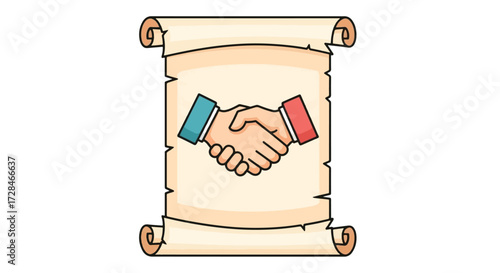 A cartoon illustration of a handshake on an ancient scroll representing a business agreement or contract.