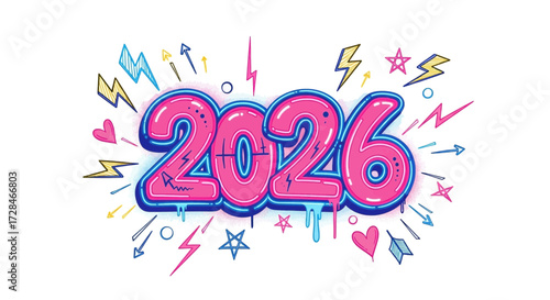 Vibrant pink 2026 graffiti numbers pop with electric blue outlines and playful doodles, celebrating future excitement and modern style.