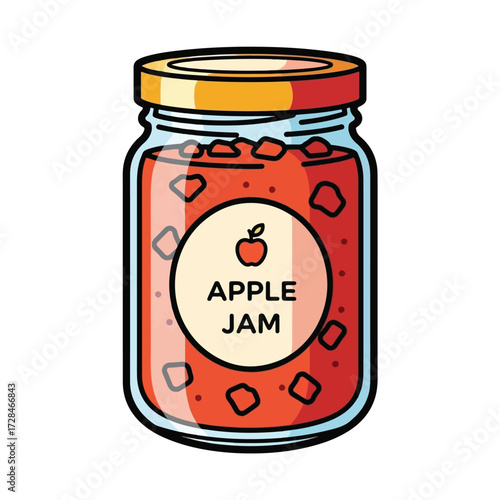 A cartoon illustration of a glass jar filled with red apple jam, featuring a label with an apple icon and 'APPLE JAM' text, topped with a golden lid.