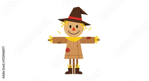 A cheerful cartoon illustration of a scarecrow with a brown hat and straw arms.