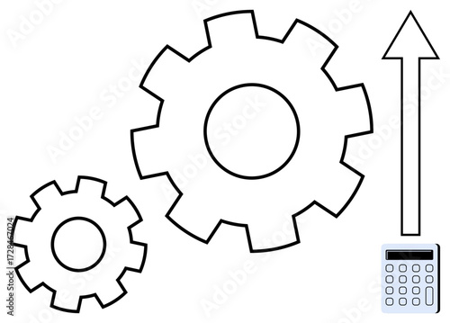 Two gears signifying operation and connection, an upward arrow symbolizing growth, and a calculator reflecting calculation or strategy. Ideal for productivity, innovation, efficiency, system