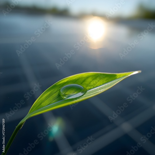 A serene image of a single, vibrant green leaf cradling a tiny drop of pure water, with a blurred background of solar panels reflecting the sun. Symbolizing renewable energy and natural purity. 
