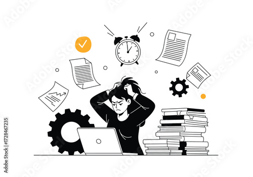 Overwhelmed student juggling multiple tasks and deadlines under pressure.