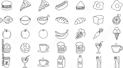 Delicious and diverse food icons perfect for menus, recipes, and culinary themes, offering a versatile visual toolkit for any food lover's project.