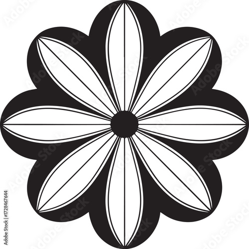 Radial black and white petal design with geometric symmetry and contrast in circular flower-like abstract pattern.
