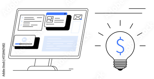 Desktop monitor with app UI elements thumbs up media player, emails, and content, next to a light bulb with a dollar sign. Ideal for entrepreneurship, innovation, startups, fintech, investment