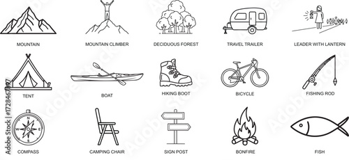 Camping and Outdoor Recreation Line Icon Set Vector Illustration for Website or App Design