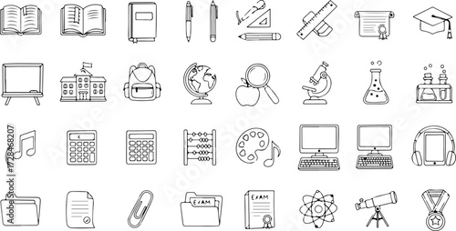 Vibrant collection of educational icons and symbols, perfect for learning resources, school projects, and digital learning platforms.