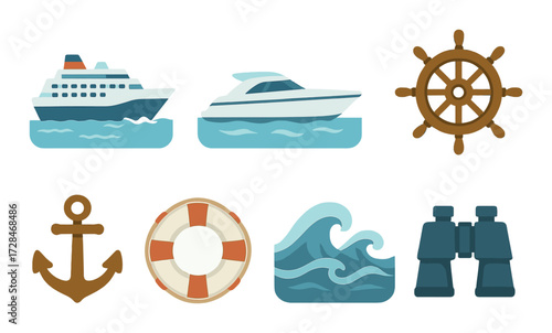 Nautical icons featuring cruise yacht anchor lifebuoy waves binoculars ship wheel