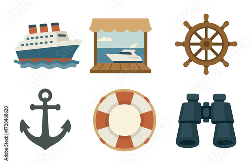 Nautical icons: cruise ship, anchor, lifebuoy, wheel, binoculars, marina view