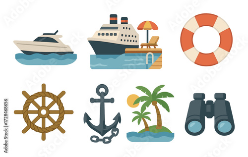 Nautical icons featuring yacht, cruise ship, lifebuoy, and tropical island elements