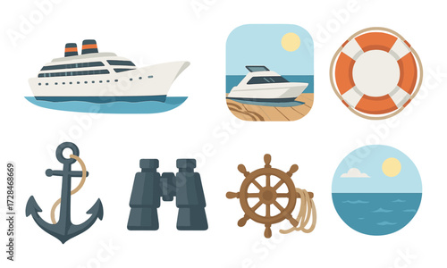 Nautical icons: cruise ship, lifebuoy, anchor, yacht, binoculars, helm, ocean scene
