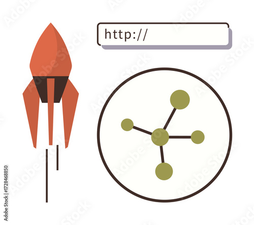 Rocket launching beside a network diagram and URL bar, symbolizing technology, networking, growth, and innovation. Ideal for digital transformation, web development, connectivity concepts, online