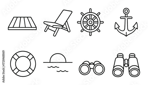 Nautical icons: anchor, wheel, life ring, lounger, binoculars, sunset, deck, horizon