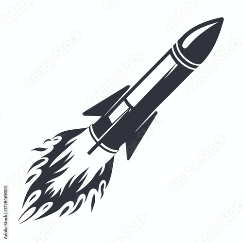 Bold black rocket soars upward, propelled by powerful flames trailing behind it beautifully