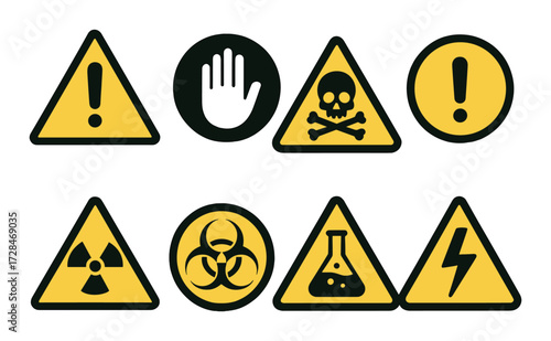 Various yellow warning and hazard symbols on olive background