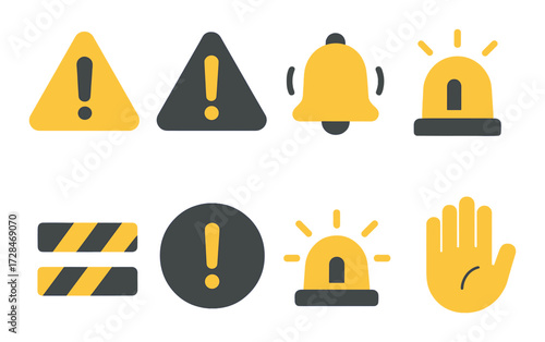 Glowing yellow and black warning symbols: exclamation, triangle, bell, siren, barrier, hand