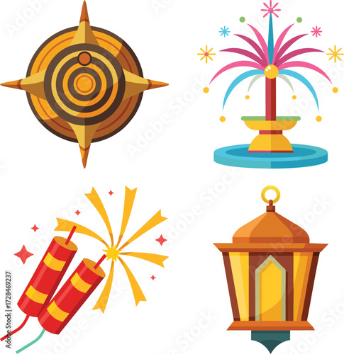 Colorful Asian Cultural Icons Featuring Food Offering Mandala Rockets and Lanterns