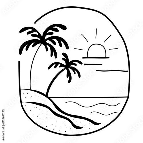 Minimalist line drawing of a tropical island with palm trees, sandy beach, ocean waves, and a setting sun, symbolizing relaxation and vacation vibes.