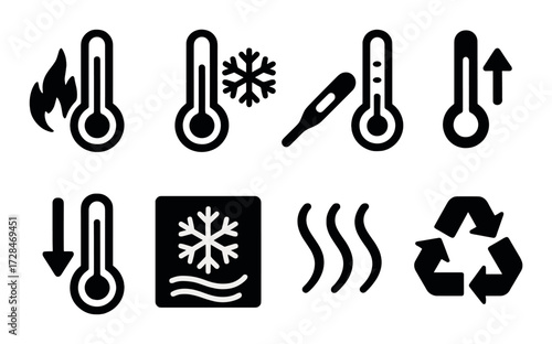 Thermometer icons illustrating temperature changes and energy conservation symbols