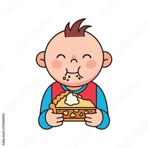 A cute cartoon baby with a full mouth happily eating a slice of apple pie with cream.