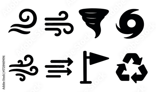 Collection of weather and recycling icons on dark background
