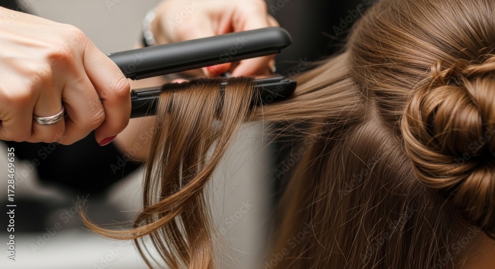 Fototapeta premium A hairstylist is using a flat iron to straighten brown hair, creating a smooth and styled look for a client.