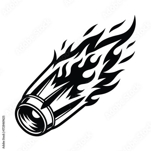 Burning bullet in black and white hurtles through the air with flames
