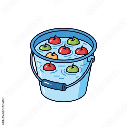 A blue bucket filled with water, with various red, green, and orange apples floating on the surface, ready for an apple bobbing game.