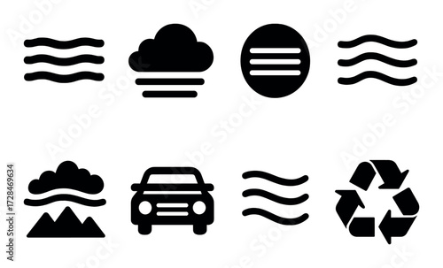 Collection of environmental icons for weather, pollution, and recycling