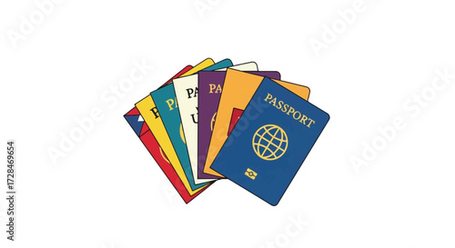 Pile of various colored passports, ready for international travel and identification.