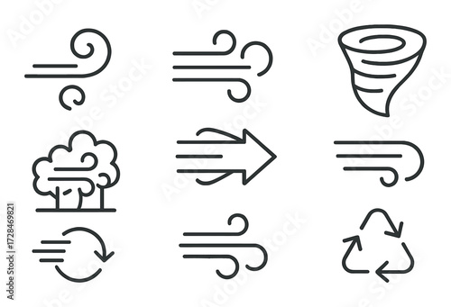 Wind icons set featuring tornado, tree, arrows, and recycling symbol on metallic background